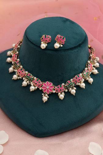 Pink & green color meenakari necklace set