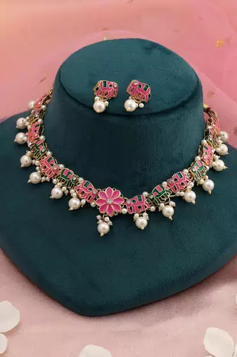 Pink & green color meenakari necklace set