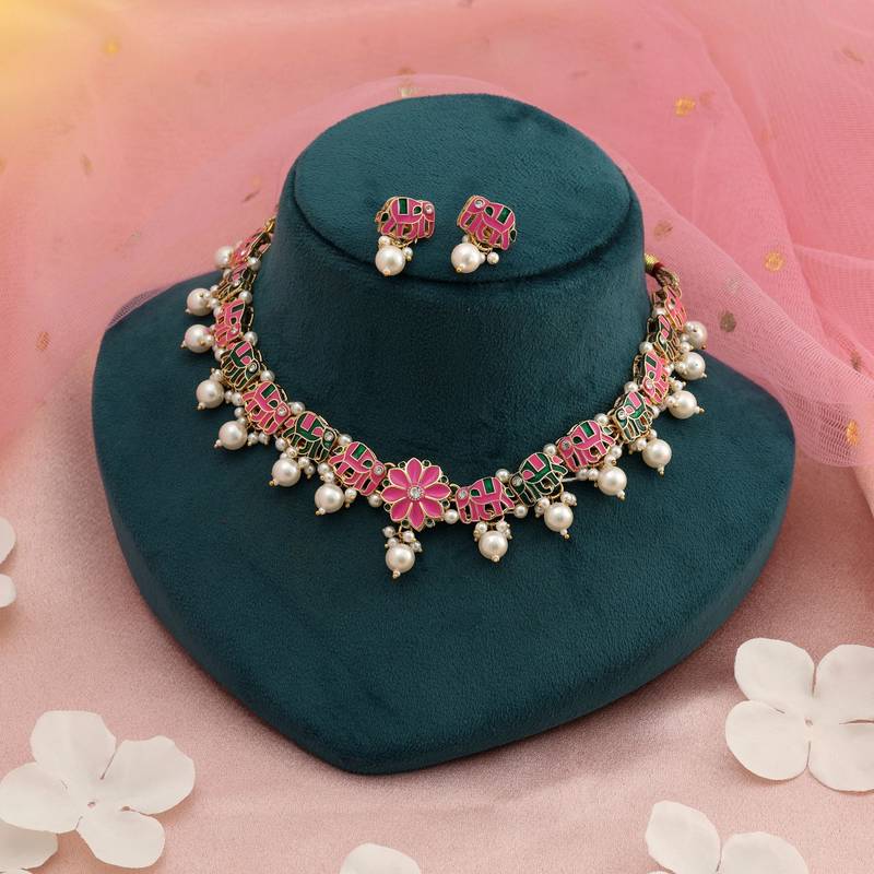 Pink & green color meenakari necklace set