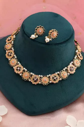 Peach & purple color meenakari necklace set