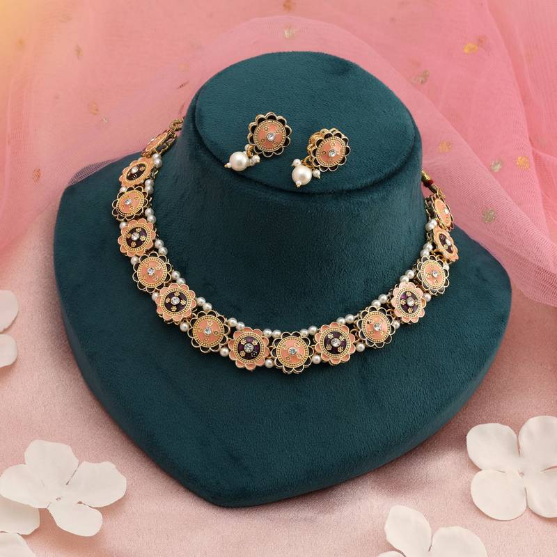 Peach & purple color meenakari necklace set