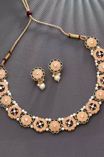 Peach & purple color meenakari necklace set
