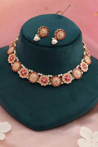 Rani & peach color meenakari necklace set