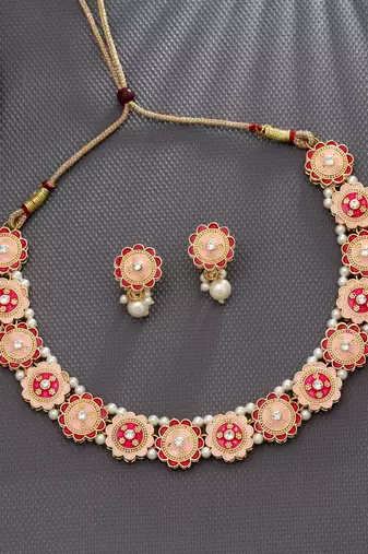 Rani & peach color meenakari necklace set