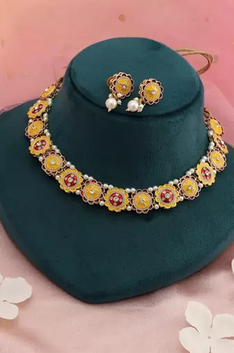 Yellow & red color meenakari necklace set