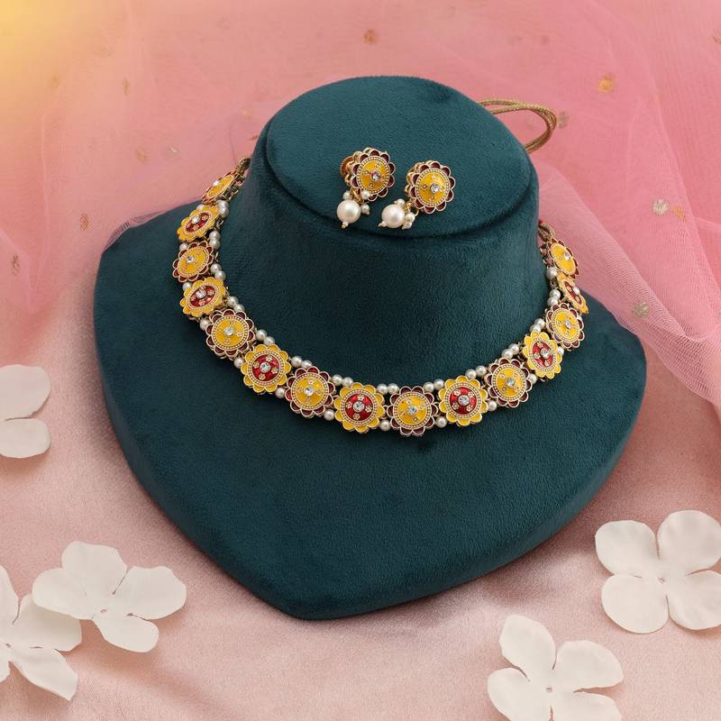 Yellow & red color meenakari necklace set