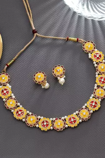 Yellow & red color meenakari necklace set