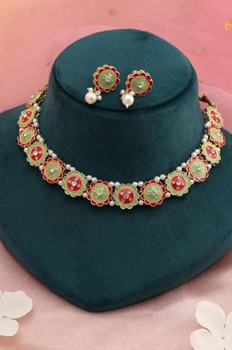 Rani & pista green color meenakari necklace set