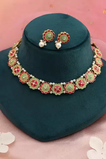 Rani & pista green color meenakari necklace set