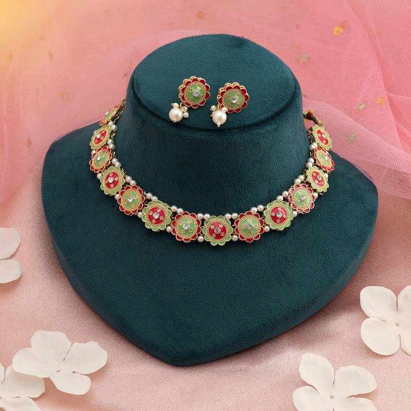 Rani & pista green color meenakari necklace set