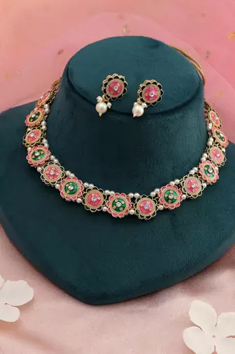 Pink & green color meenakari necklace set