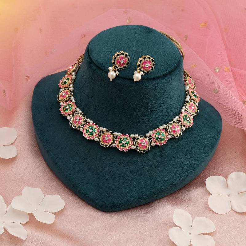 Pink & green color meenakari necklace set