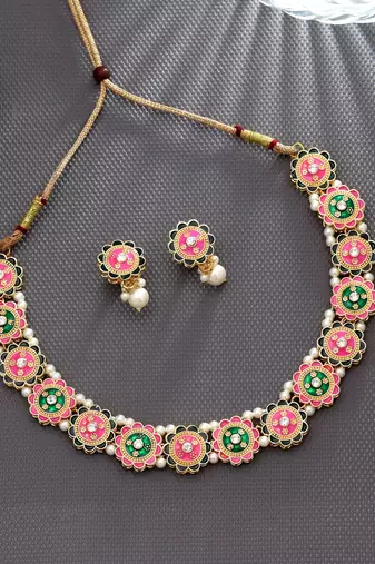 Pink & green color meenakari necklace set
