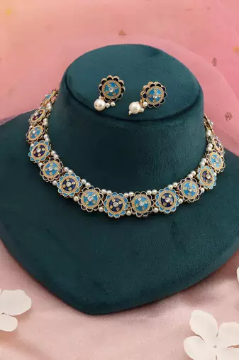 Firozi & blue color meenakari necklace set
