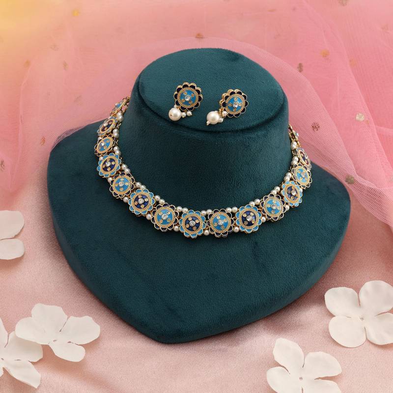 Firozi & blue color meenakari necklace set