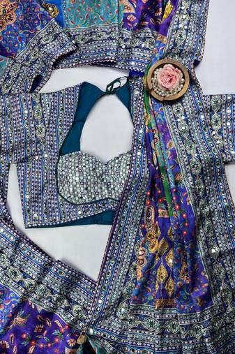 Multi Color  Digital print with Aari work &  mirror work Japan satin  Saree