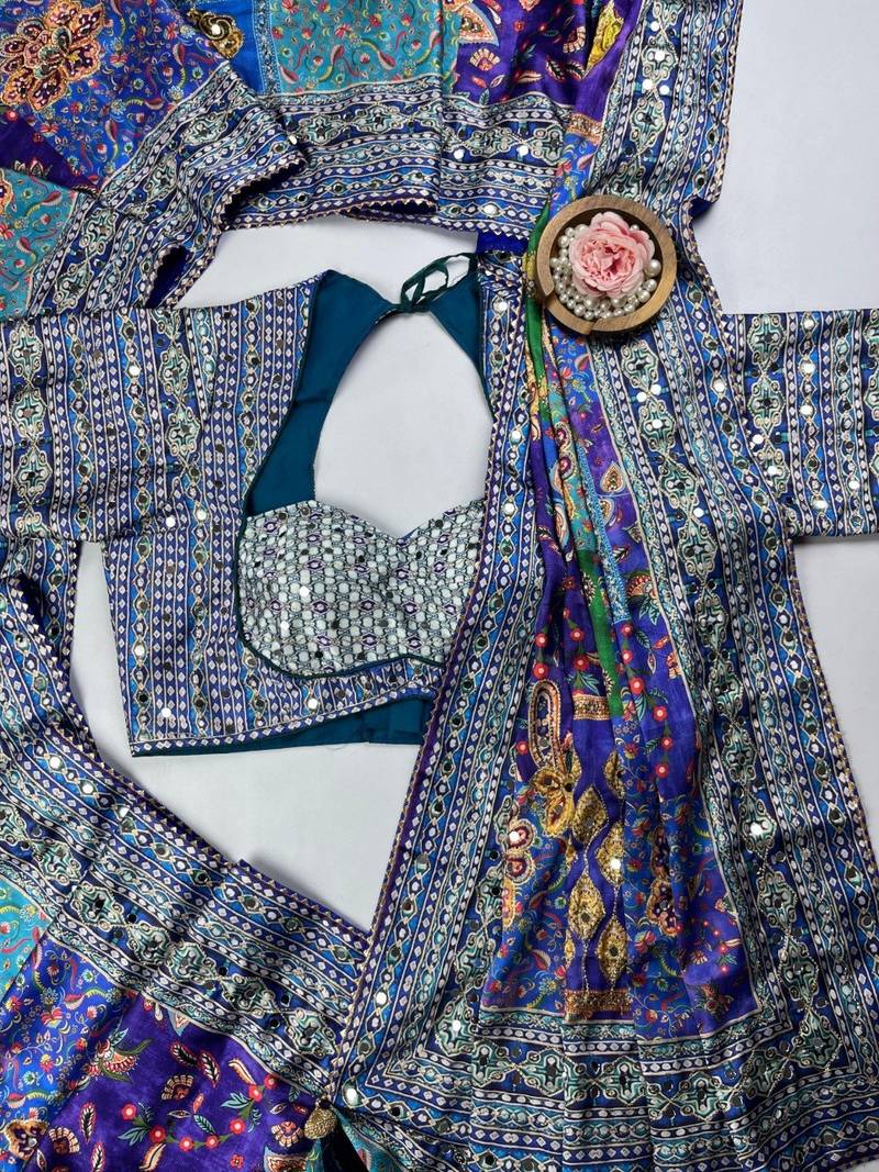 Multi Color  Digital print with Aari work &  mirror work Japan satin  Saree