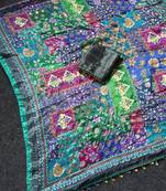 Multi Color  Digital print with Aari work &  mirror work Japan satin  Saree