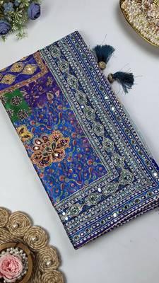 Multi Color  Digital print with Aari work &  mirror work Japan satin  Saree 2