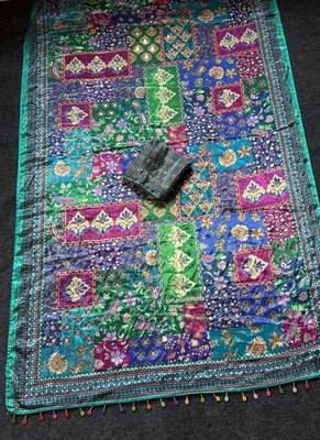 Multi Color  Digital print with Aari work &  mirror work Japan satin  Saree 2