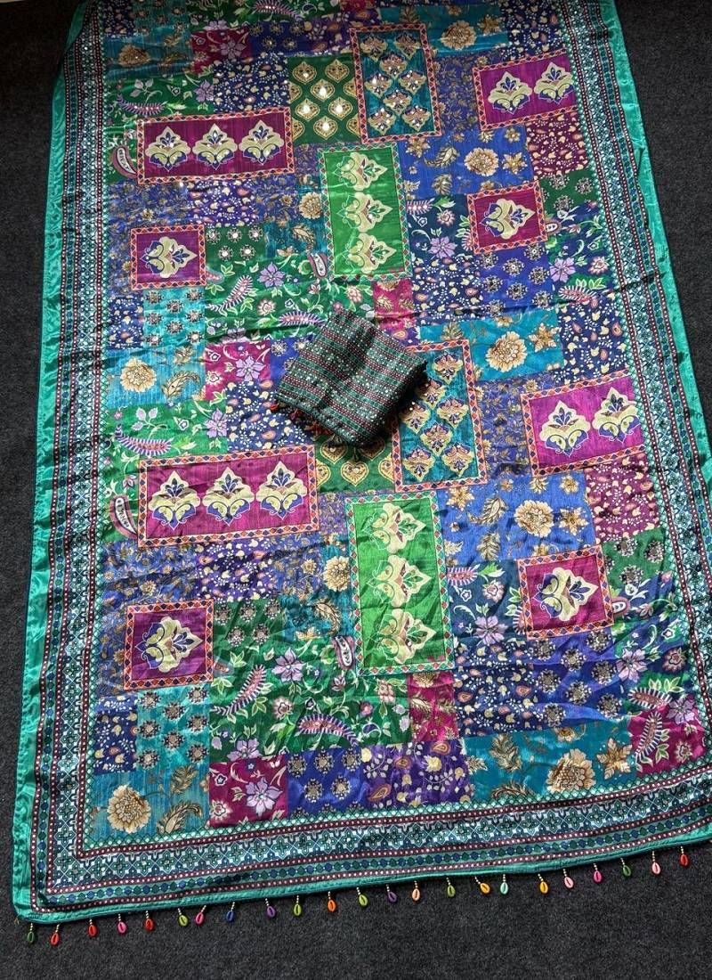 Multi Color  Digital print with Aari work &  mirror work Japan satin  Saree