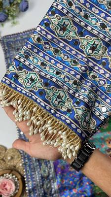Multi Color  Digital print with Aari work &  mirror work Japan satin  Saree 3