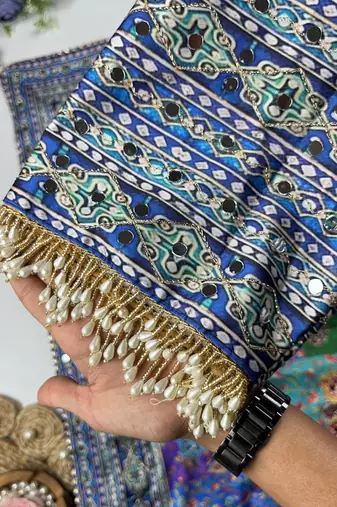 Multi Color  Digital print with Aari work &  mirror work Japan satin  Saree