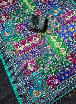 Multi Color  Digital print with Aari work &  mirror work Japan satin  Saree 3