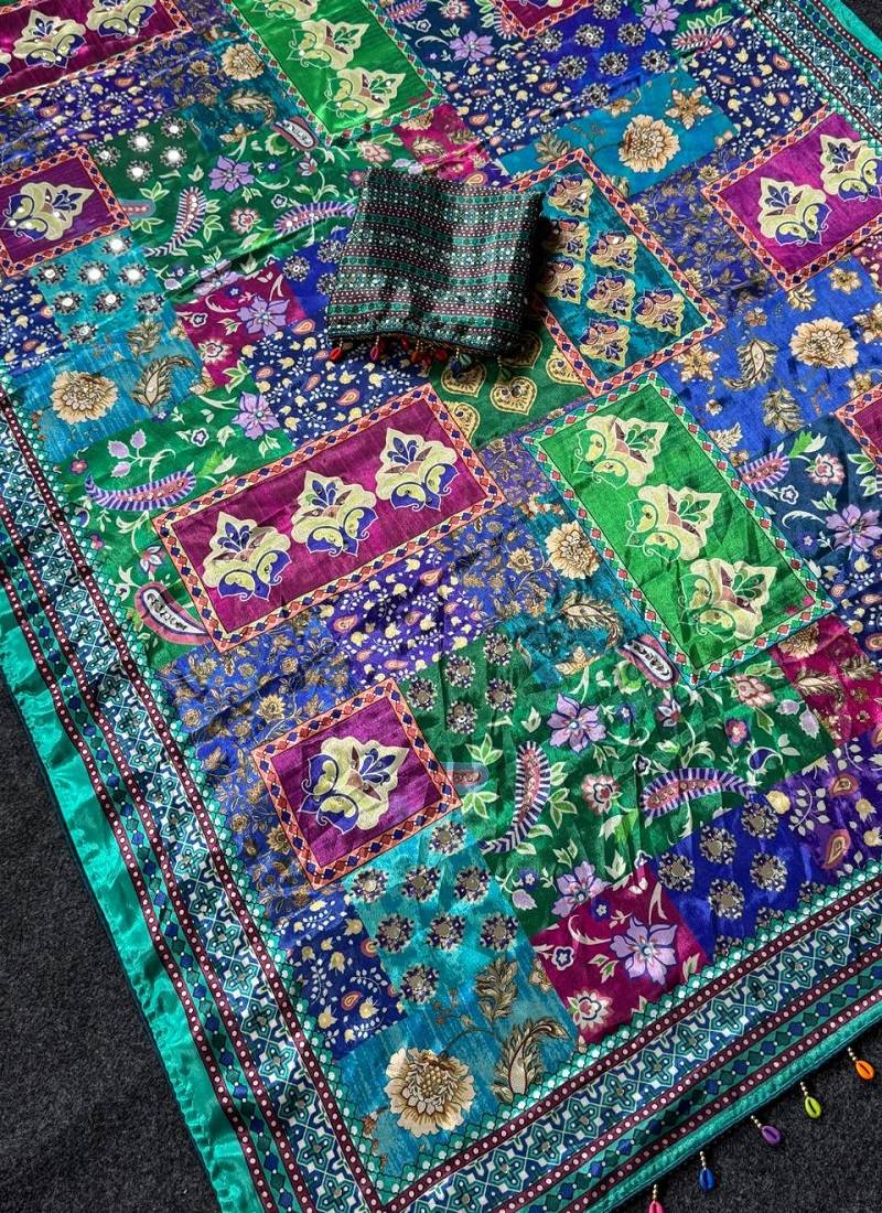 Multi Color  Digital print with Aari work &  mirror work Japan satin  Saree