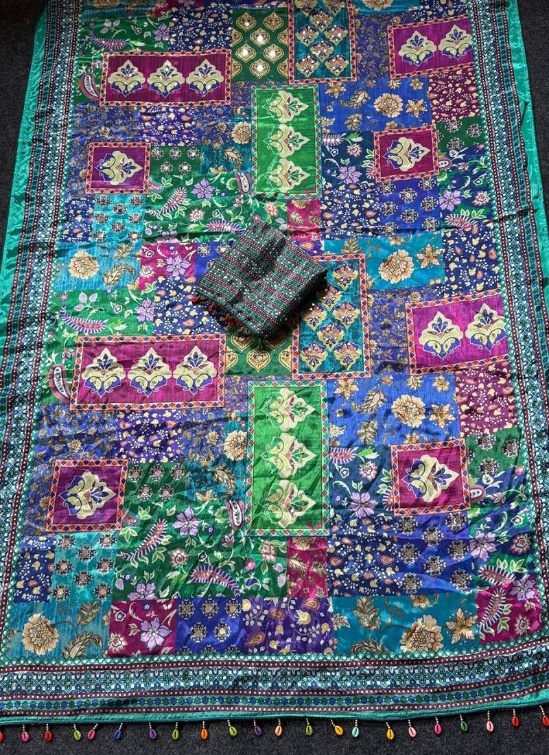Multi Color  Digital print with Aari work &  mirror work Japan satin  Saree