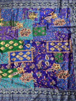 Multi Color  Digital print with Aari work &  mirror work Japan satin  Saree 5