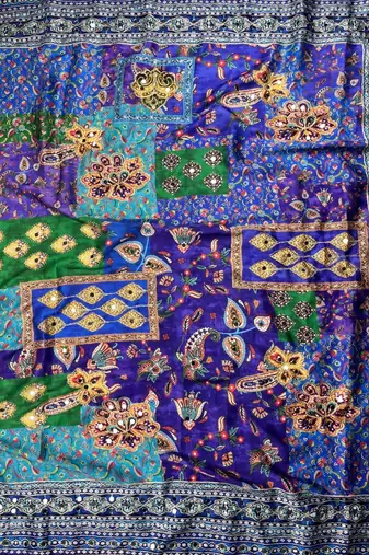 Multi Color  Digital print with Aari work &  mirror work Japan satin  Saree