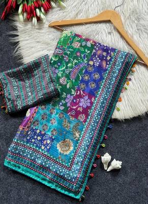 Multi Color  Digital print with Aari work &  mirror work Japan satin  Saree 5