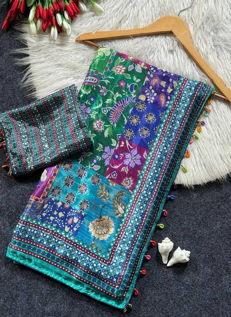 Multi Color  Digital print with Aari work &  mirror work Japan satin  Saree