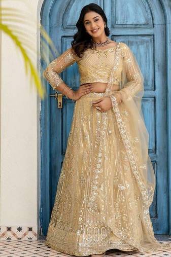 Light  Yellow Color Sequins and Codding Embroidery Work  Lahenga Choli Set