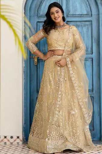 Light  Yellow Color Sequins and Codding Embroidery Work  Lahenga Choli Set