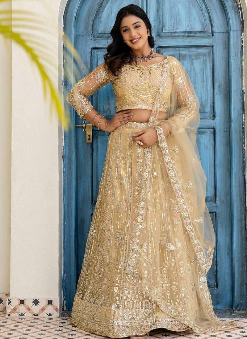 Light  Yellow Color Sequins and Codding Embroidery Work  Lahenga Choli Set