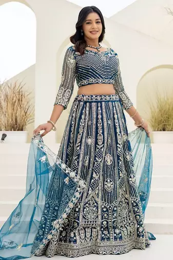 Peacock Blue Color Sequins and Codding Embroidery Work  Lahenga Choli Set