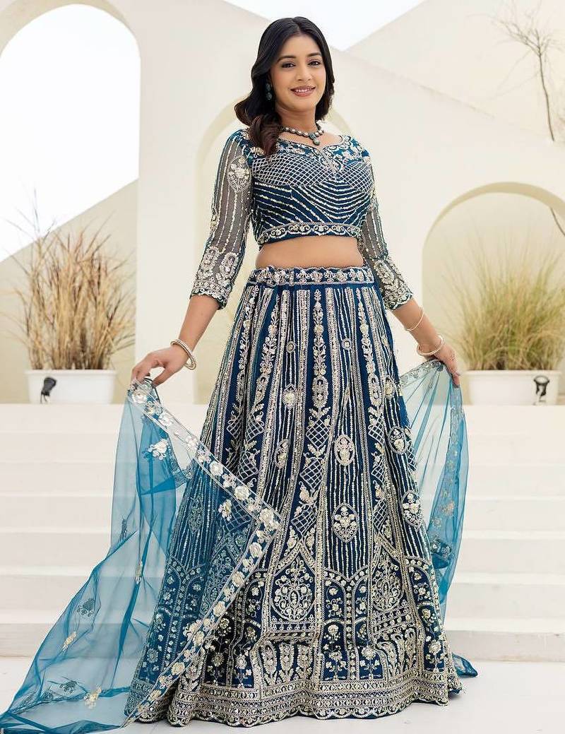Peacock Blue Color Sequins and Codding Embroidery Work  Lahenga Choli Set