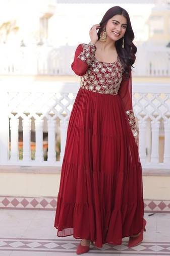 Maroon zari & sequins embroidered work georgette stitched kurta gown