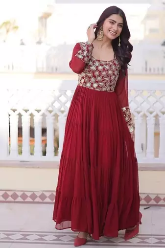 Maroon zari & sequins embroidered work georgette stitched kurta gown