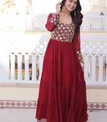 Maroon zari & sequins embroidered work georgette stitched kurta gown