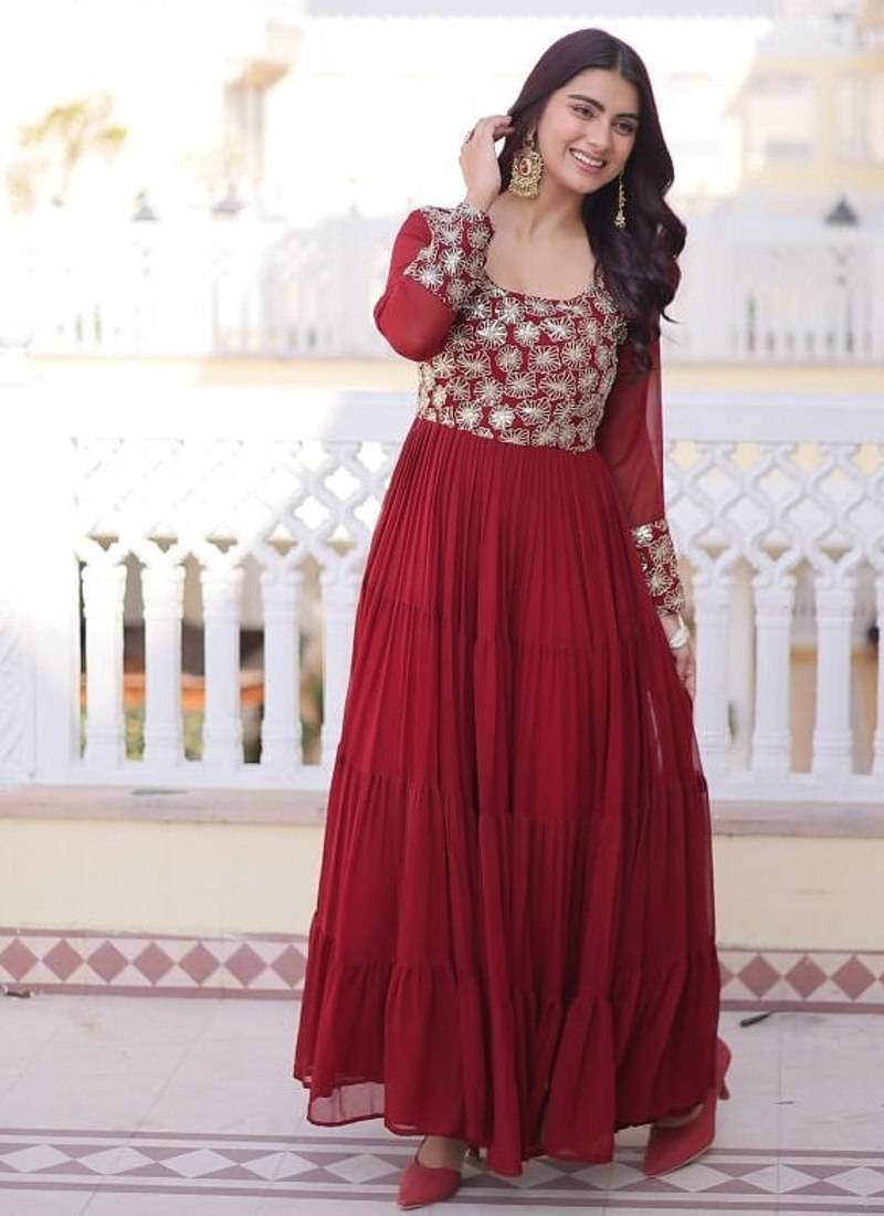 Maroon zari & sequins embroidered work georgette stitched kurta gown