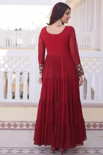 Maroon zari & sequins embroidered work georgette stitched kurta gown