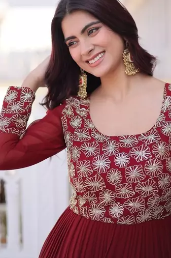 Maroon zari & sequins embroidered work georgette stitched kurta gown