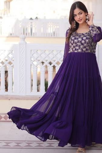 Purple zari & sequins embroidered work georgette stitched kurta gown