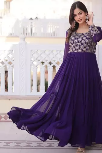 Purple zari & sequins embroidered work georgette stitched kurta gown