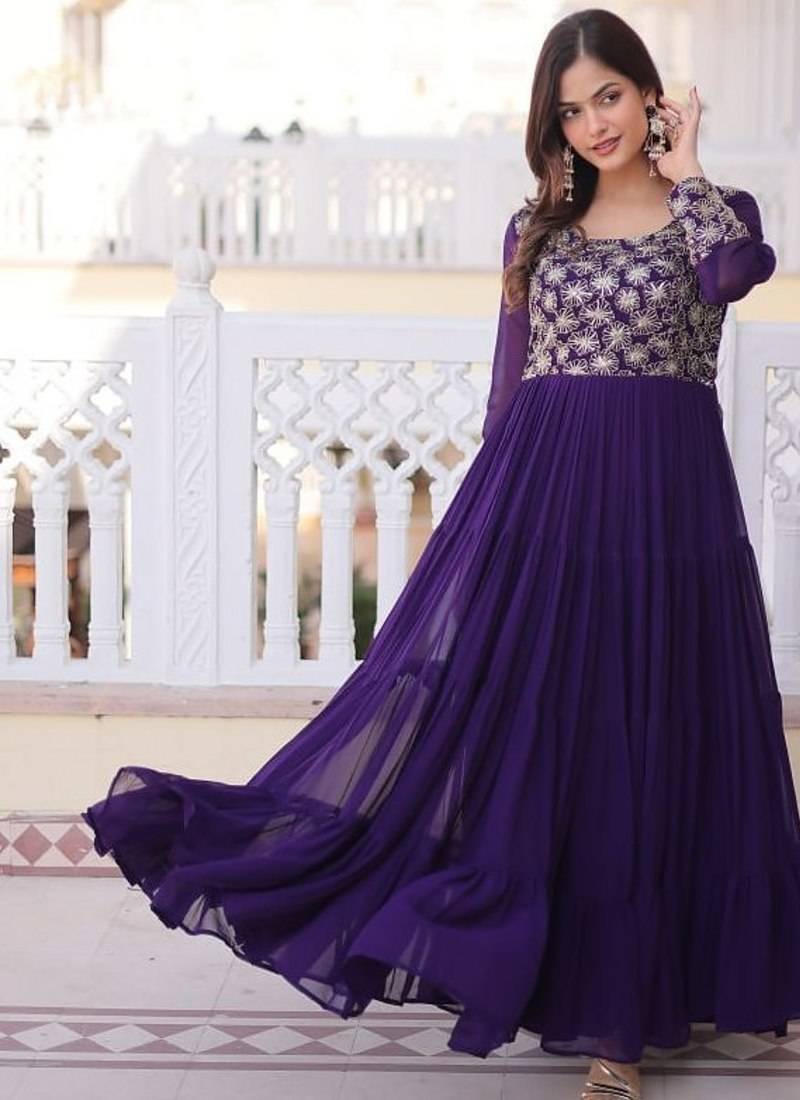 Purple zari & sequins embroidered work georgette stitched kurta gown