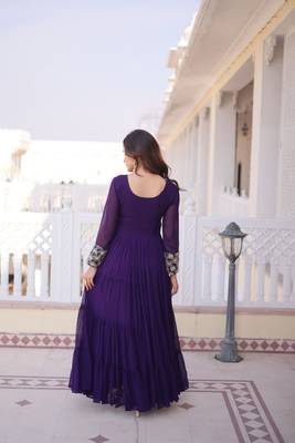 Purple zari & sequins embroidered work georgette stitched kurta gown 2
