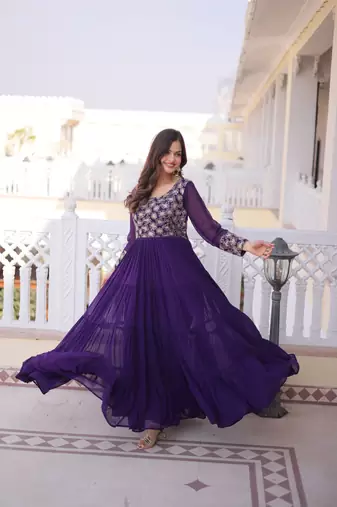 Purple zari & sequins embroidered work georgette stitched kurta gown